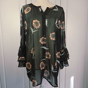 Cabi Floral Black Button-Up Women's Top Ruffle Cuff Sleeves Flowy Sheer Size Lg